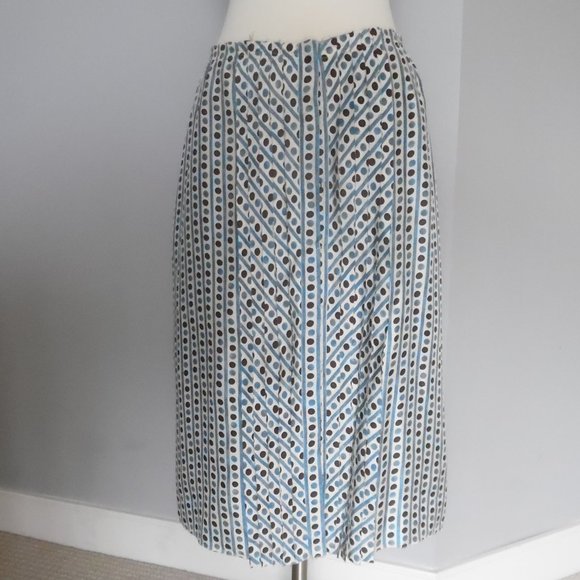 Prada Silk Polka Dot Logo Pencil Brown Blue White Raw hem Silk Midi Skirt Medium - Picture 2 of 10